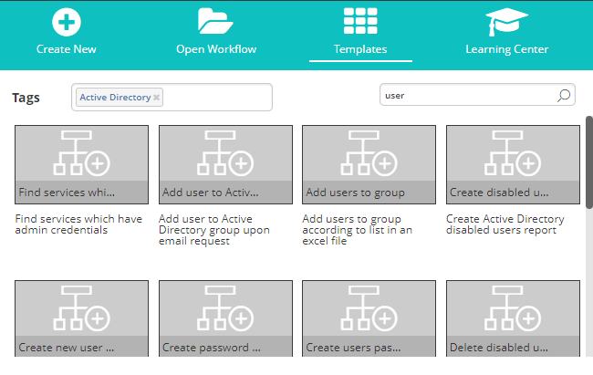 Workflow Designer Templates Menu Filtered