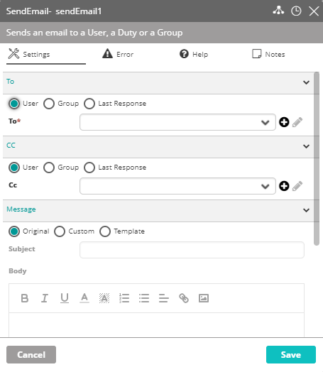 Workflow Designer Activity Settings sendEmail