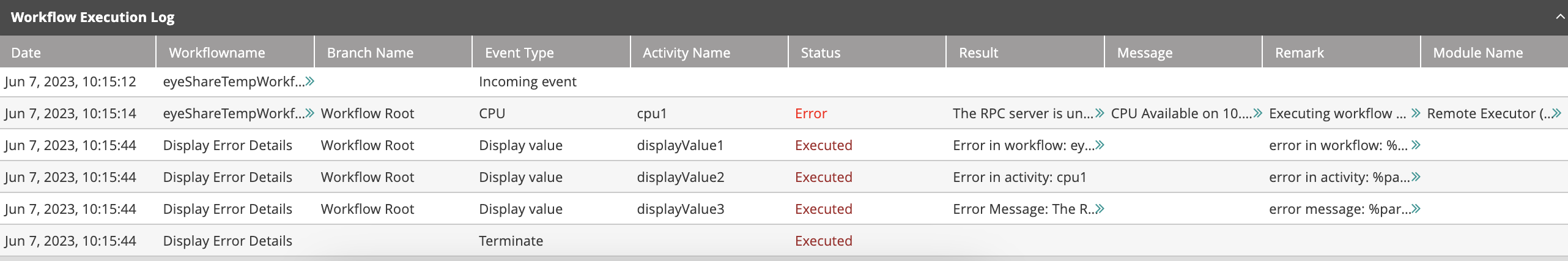 Workflow Designer Activity Execution Log