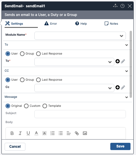 Workflow Designer Activity Settings sendEmail